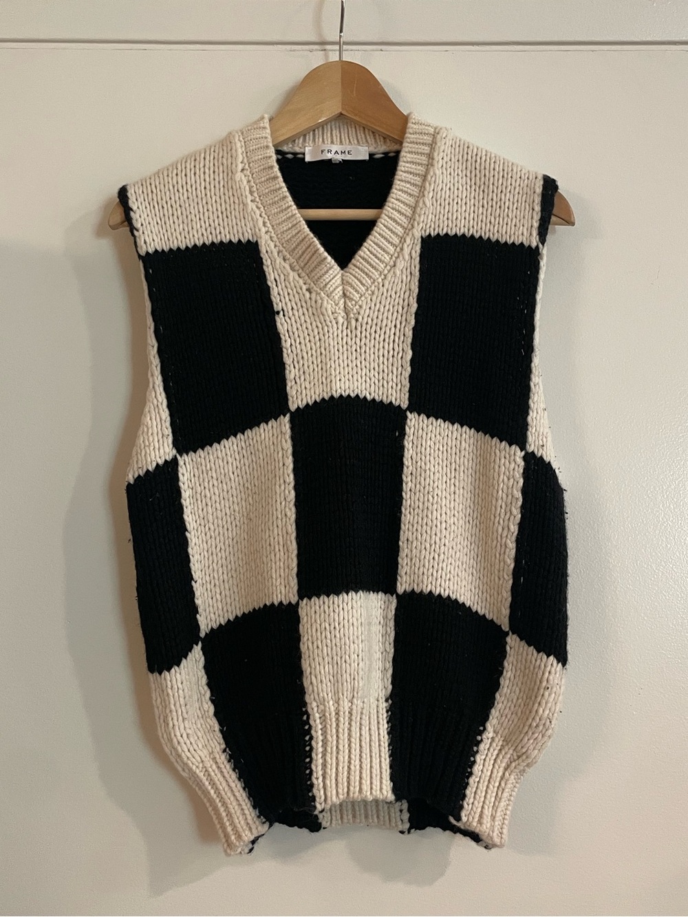 Frame Merino Wool Black and Cream Checker V-Neck Sweater Vest